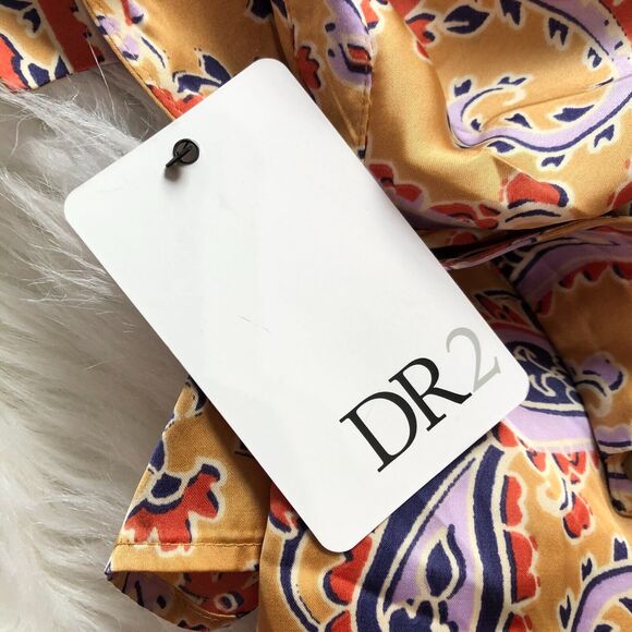 DR2 Womens Shirt S Yellow Paisley Satin Collared Short Sleeve Button Up NWT - Picture 6 of 6